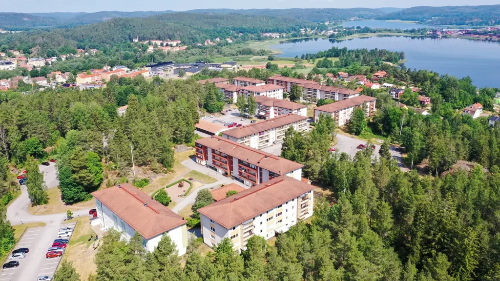 Flygfoto över flerfamiljshus med röda tak omgivna av träd, nära en sjö och skogar i ett lantligt område.